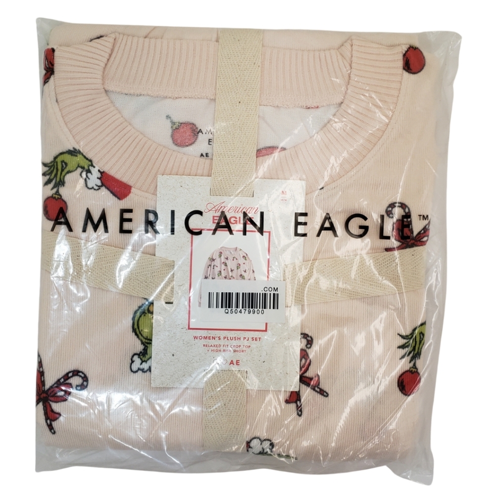 AMERICAN EAGLE Grinch Candy Cane Long Sleeve Shirt & Shorts Plush Pajama Set NWT